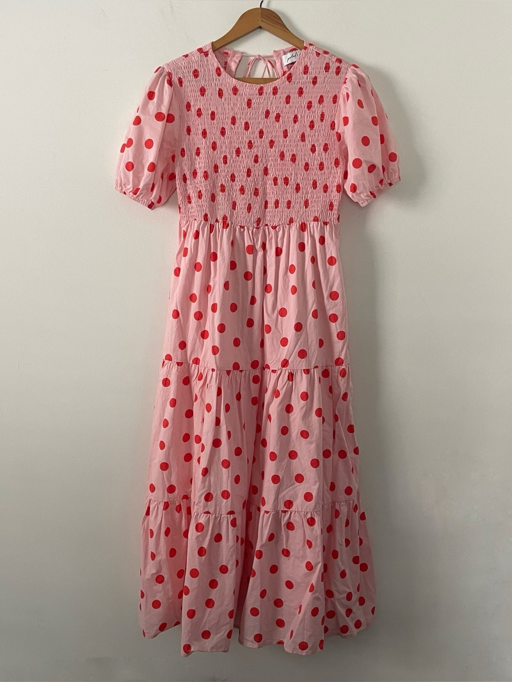 Petal and Pup Pink and Red Tiered Polka Dot Smocked Midi Dress Size 4